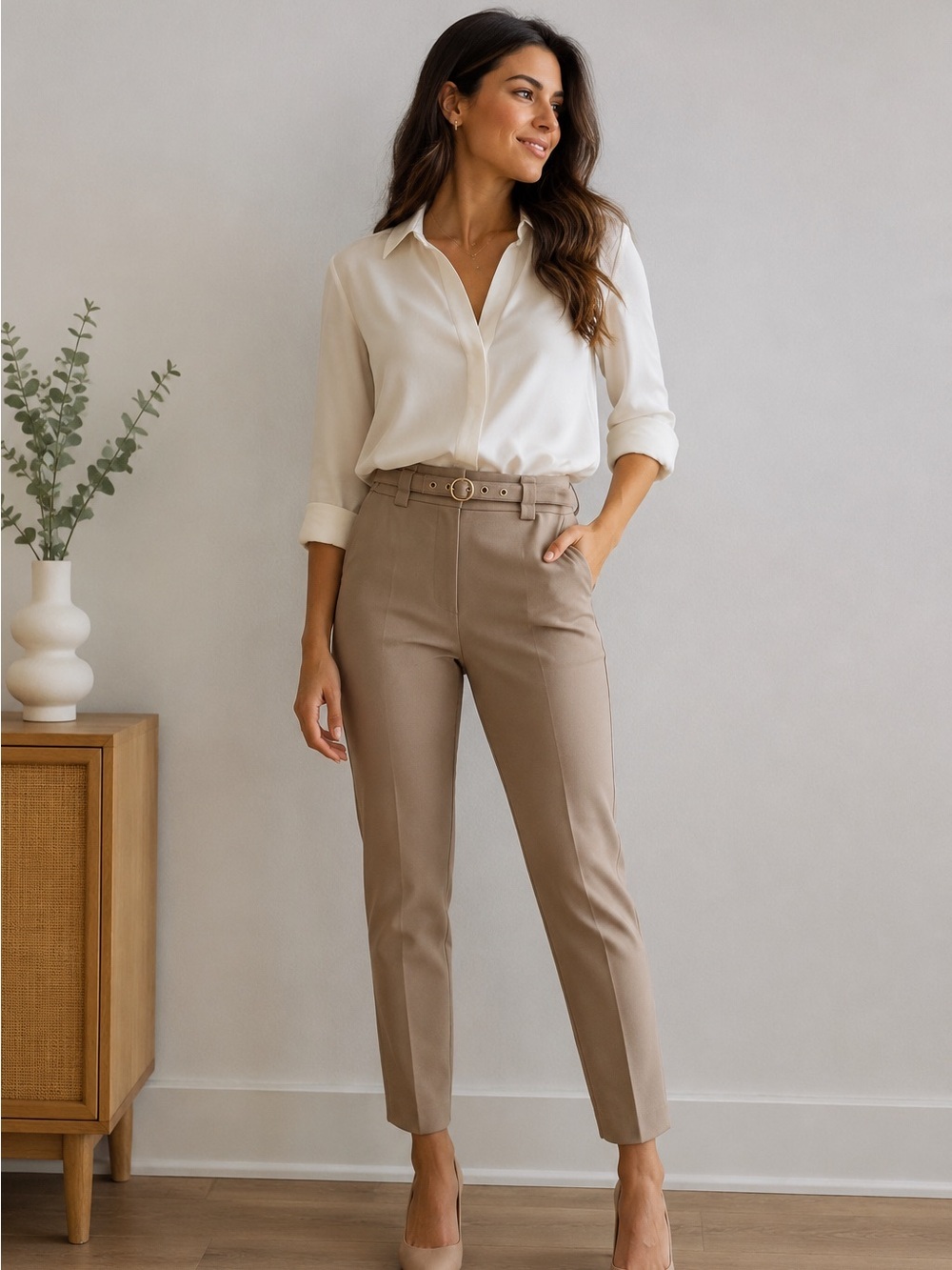 NWT Hope & Harlow Taupe Belted Slim Ankle Pants Petite